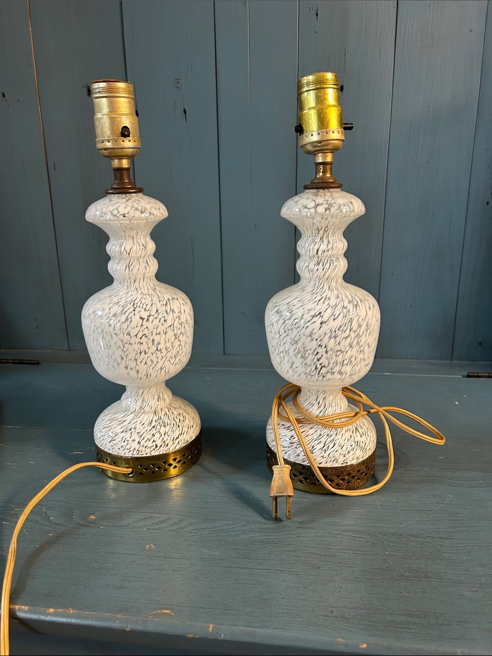 Vintage White Speckled Glass Table Lamp Pair with Brass Base | Working